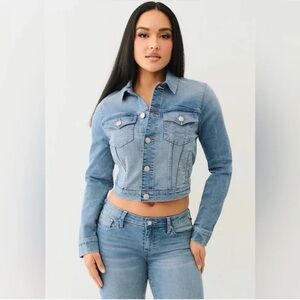 NEW True Religion L XL JESSE Trucker Jacket Denim Blue Jean Cropped Wash $159